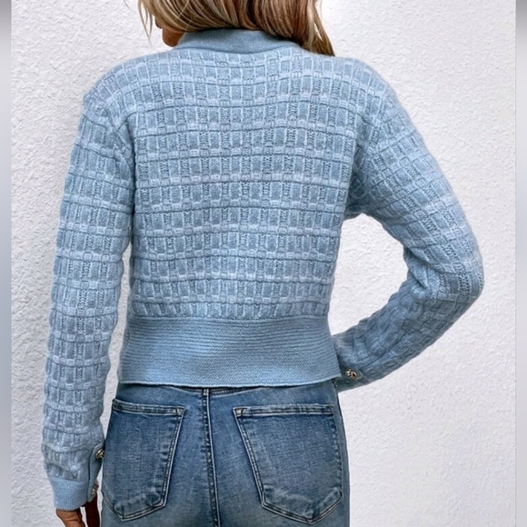 New Chic Tweed Knit Button Up Crop Cardigan Sweater Top Jacket Blue Gold - Picture 3 of 7